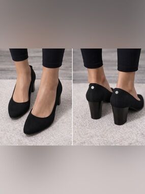 Anne Klein Black Block Heel Pumps with Rhinestone Accent